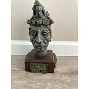 VINTAGE STATUE OF THE "CABEZA DE PALENQUE"MALACHITE‎ STONE AND WOOD 1960's